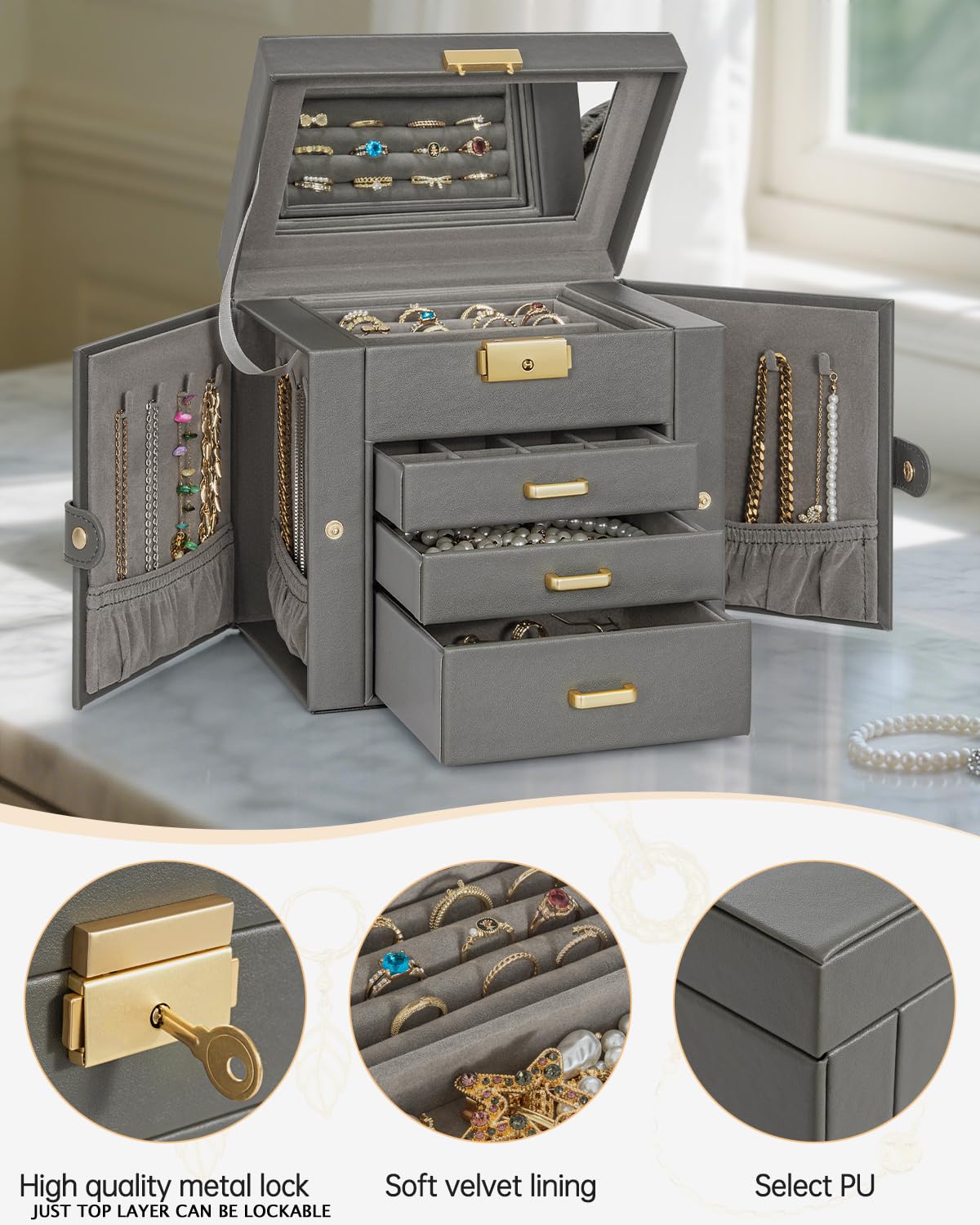 AKOZLIN Caja Organizadora de Joyas de Cuero de 4 Niveles (Gris Oscuro)
