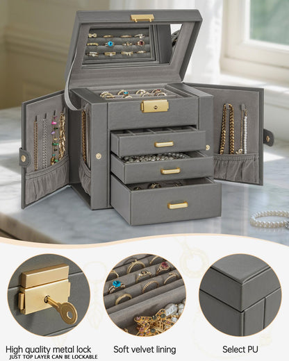 AKOZLIN Caja Organizadora de Joyas de Cuero de 4 Niveles (Gris Oscuro)