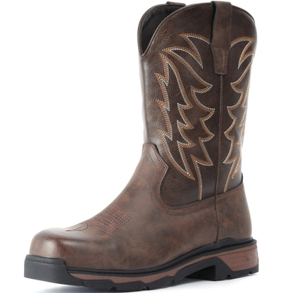 ANGRYRAM Cowboy Work Boots for Men Waterproof Square Toe Leather Western Boots Puncture Resistant Indestructable Steel Toe Safety Boots for Men