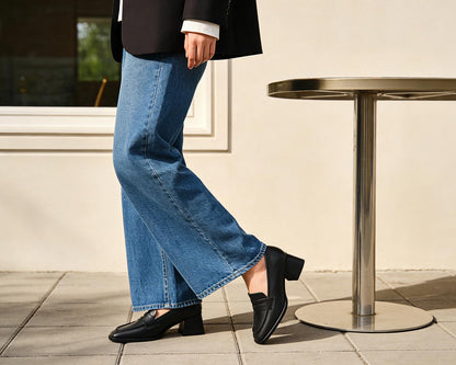 FEMSTEP Womens Loafers, Black Slip on Chunky Heels Loafer Pumps Platform Square Toe Penny Loafers Comfortable Business Casual Work Dress Shoes for Women Formal Office