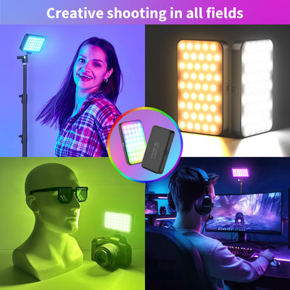 LUXCEO RGB Video Light, Portable LED Camera Light Panel, Dimmable 3000K-6000K CRI95+ Color LED Light with 3000mAh Rechargeable Battery, Pocket LED Photography Lights for Vlogging, Video Conference