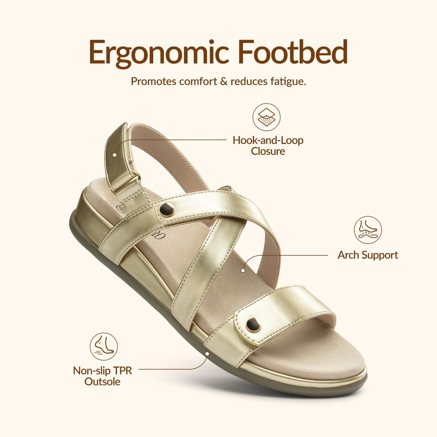 Rihero Women's Comfortable Orthopedic Arch Support Sandals Summer Casual Open Toe Walking Flat Sandals with Adjustable Strap, Gold 5.5, SRFLS2607W