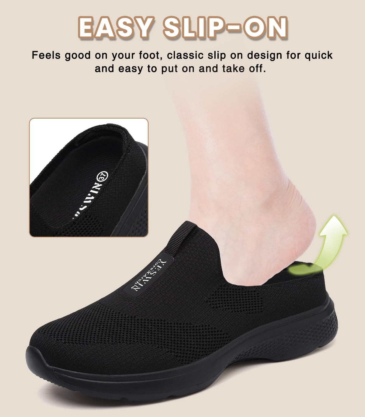 Women's Orthopedic Slip-On Mules Sneakers for Plantar Fasciitis Easy Off Recovery Backless Knit Comfortable Lightweight with Arch Support Walking Shoes for Travel, House & Office Black