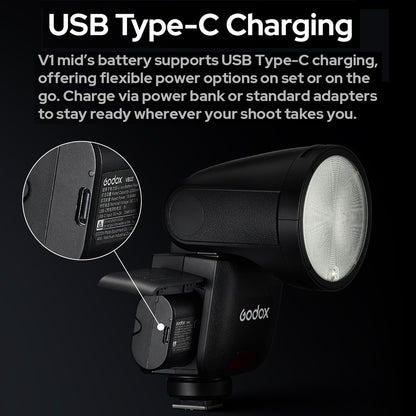 GODOX V1 Mid S Godox Flash for Sony Flash Speedlight,55Ws 2.4G TTL Camera Flash for Sony,Touchscreen Control,7.2V/2200mAh Lithium Battery,1.7s Recycle Time,650 Full Power Flashes,LED Modeling Lamp
