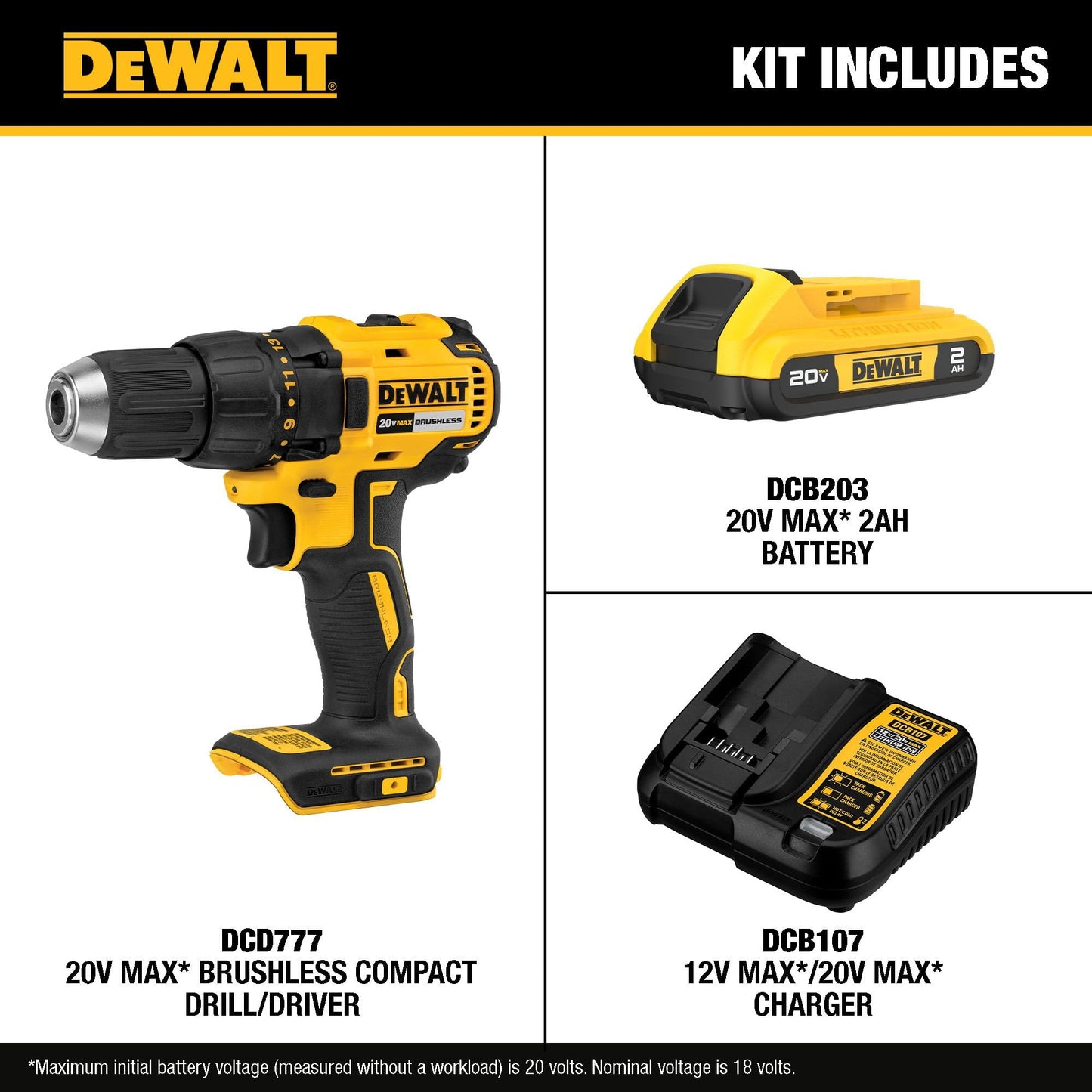 DEWALT Kit de Taladro Atornillador Inalámbrico 20V MAX (2.0 Ah / Modelo DCD777D1)