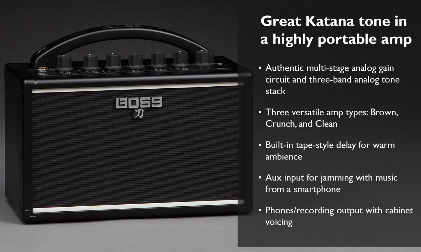 Boss Katana Mini Guitar Combo Amplifier Bundle with Gearlux Power Supply, Instrument Cable, Austin Bazaar Exclusive 24-Pack Picks, and Polishing Cloth