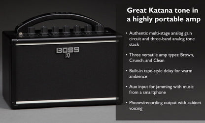 Boss Katana Mini Guitar Combo Amplifier Bundle with Gearlux Power Supply, Instrument Cable, Austin Bazaar Exclusive 24-Pack Picks, and Polishing Cloth