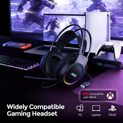 AOC Wired Gaming Headset with Mic, USB Gaming Headphone with Stereo Sound for PC/Laptop/PS4/PS5, 50mm Drivers RGB Corded Headphones for Game/Work/Music, ACG2500