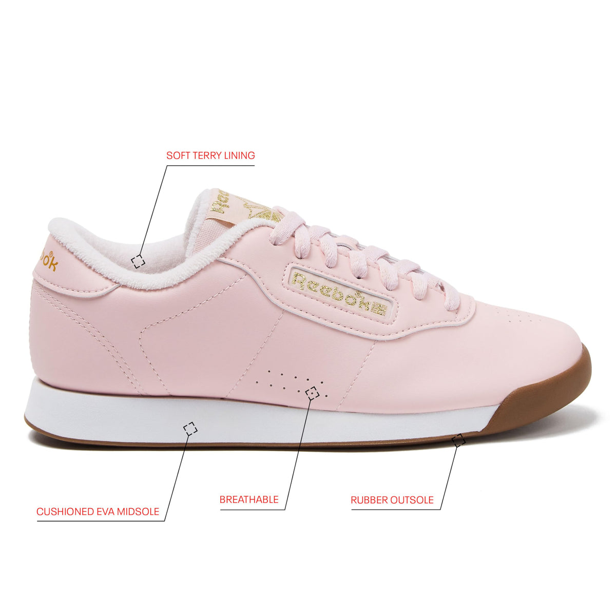 Reebok Princess Sneakers for Women, Comfortable Walking or Tennis Womens Shoes, Pink/White/Gold Metallic