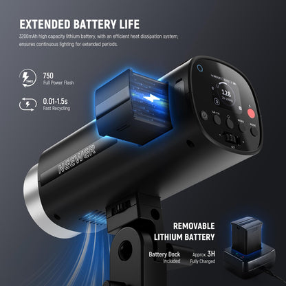 NEEWER Q200 200Ws 2.4G TTL Outdoor Studio Flash Strobe App Control, Compatible with Godox, 1/8000 HSS 3200mAh Battery Photography Monolight 10W Modeling Lamp/750 Full Power Flash/0.01~1.5s Recycle