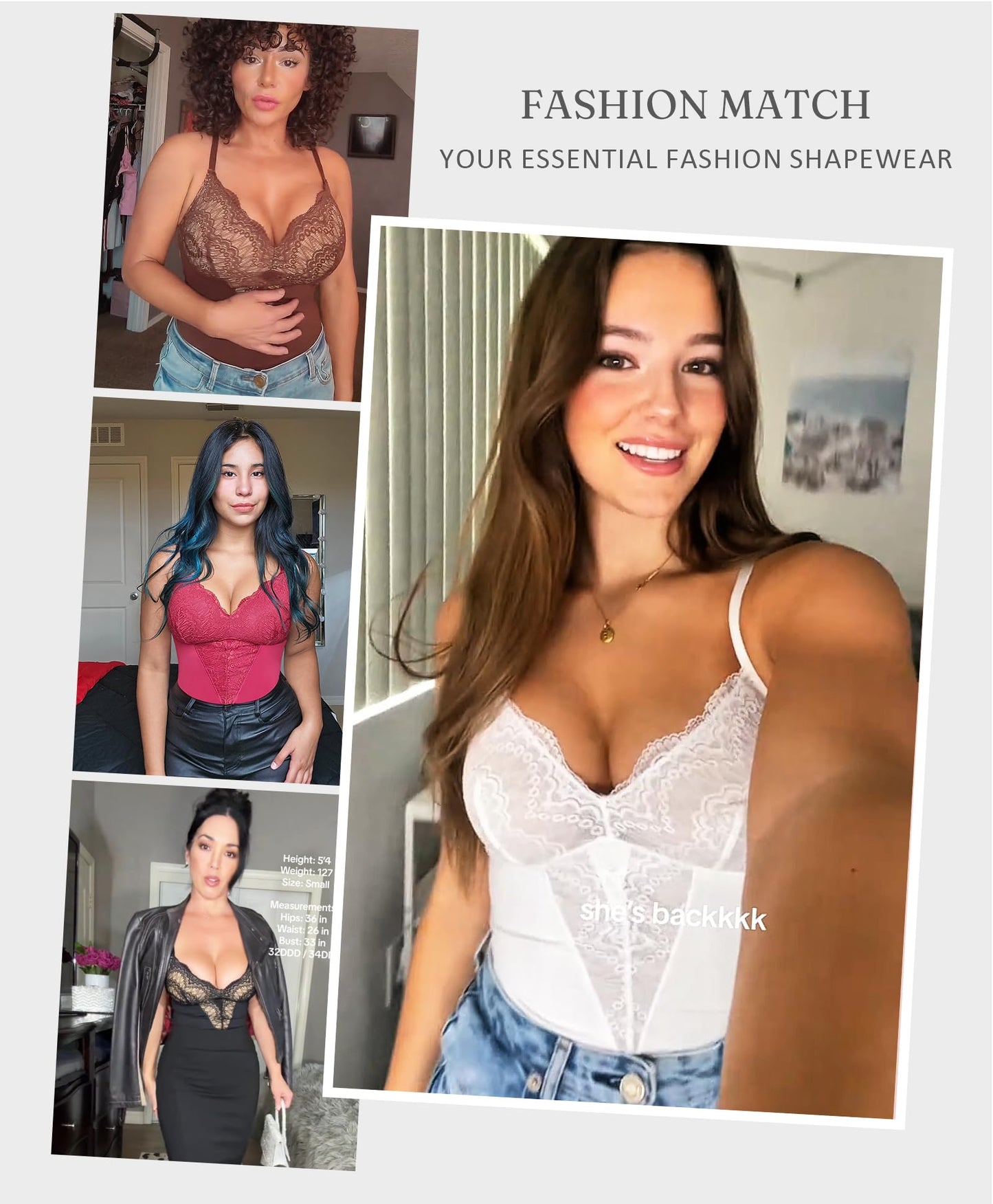 FeelinGirl Body Moldeador de Encaje para Mujer (Negro / Cuello en V)