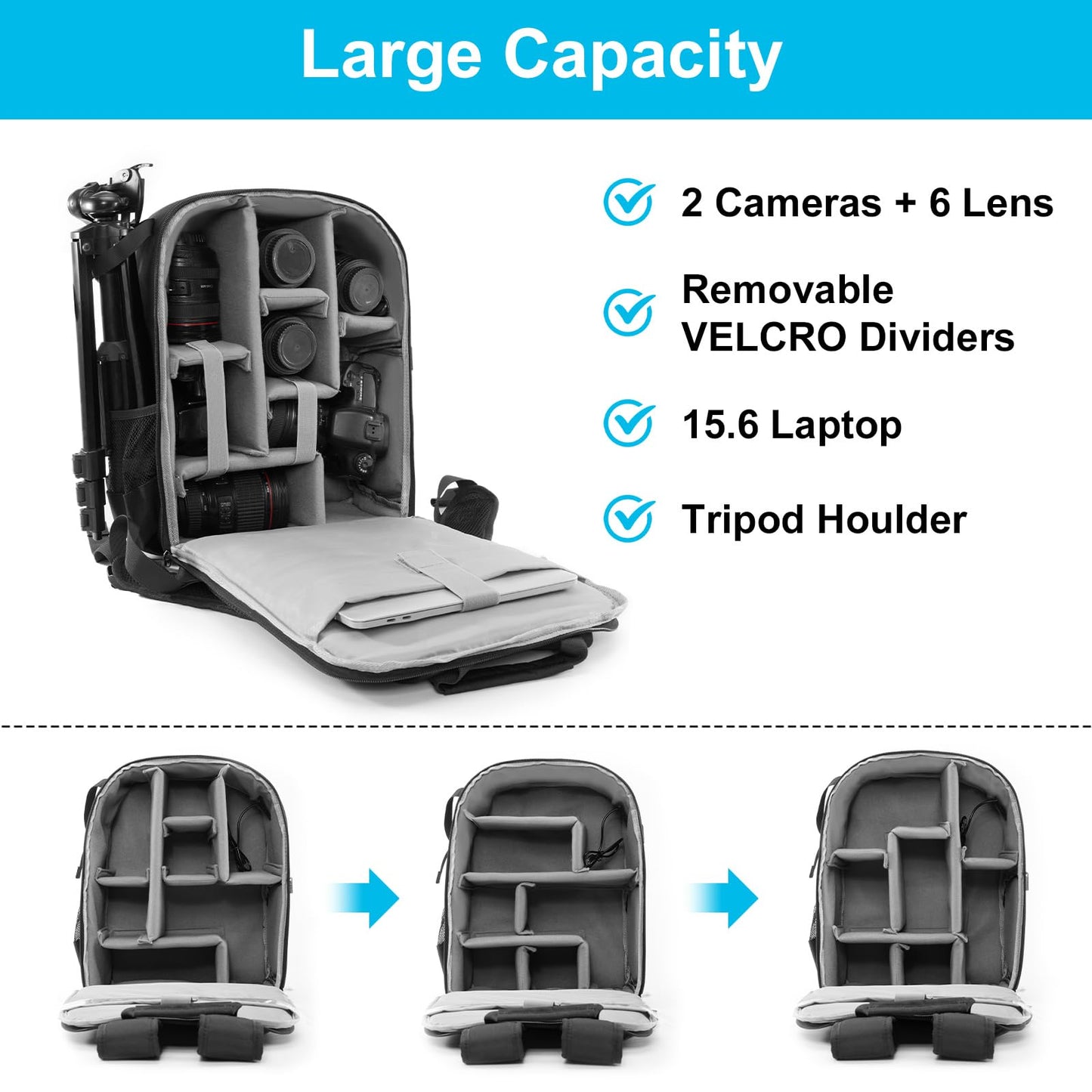 CADeN Camera Backpack Bag for DSLR/SLR Mirrorless Camera Waterproof with 15.6 inch Laptop Compartment, USB Charging Port, Tripod Holder, Rain Cover, Camera Case Compatible for Sony Canon Nikon Black L