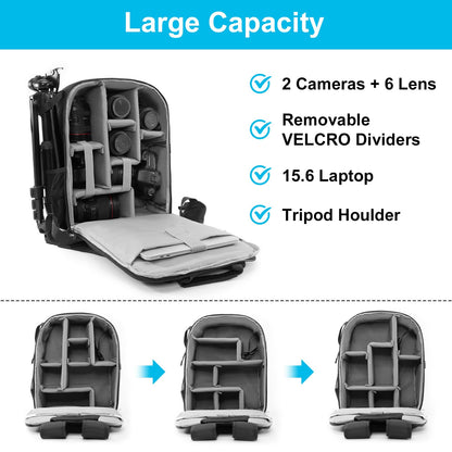 CADeN Camera Backpack Bag for DSLR/SLR Mirrorless Camera Waterproof with 15.6 inch Laptop Compartment, USB Charging Port, Tripod Holder, Rain Cover, Camera Case Compatible for Sony Canon Nikon Black L