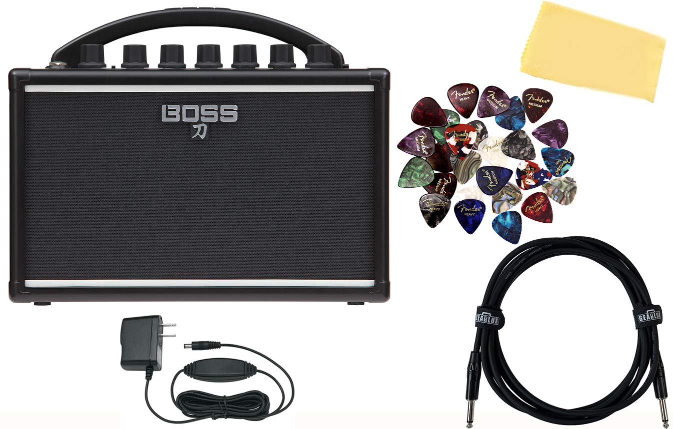 Boss Katana Mini Guitar Combo Amplifier Bundle with Gearlux Power Supply, Instrument Cable, Austin Bazaar Exclusive 24-Pack Picks, and Polishing Cloth