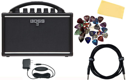 Boss Katana Mini Guitar Combo Amplifier Bundle with Gearlux Power Supply, Instrument Cable, Austin Bazaar Exclusive 24-Pack Picks, and Polishing Cloth