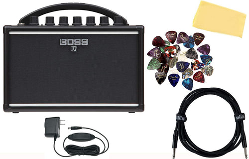 Boss Katana Mini Guitar Combo Amplifier Bundle with Gearlux Power Supply, Instrument Cable, Austin Bazaar Exclusive 24-Pack Picks, and Polishing Cloth