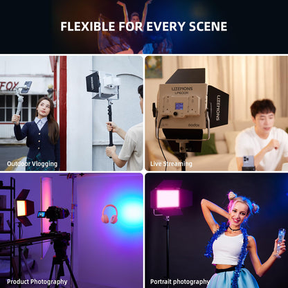 Godox LP600R RGB LED Video Light with Barndoor, 2-Pack 60W 1800K-10000K 9270Lux LED Panel Light with Light Stand, APP Control CRI96+ Studio Soft Light
