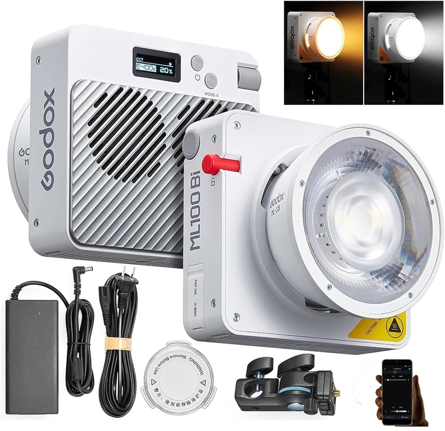 Godox ML100Bi 120W LED Video Light, 2800K-6500K Bi-Color Video Lighting Kit, 34300 Lux CRI 97+/TLCI 98+, APP Control, USB-C Charging, 11 FX Effects, for Filming/Live Streaming/Outdoor Photography