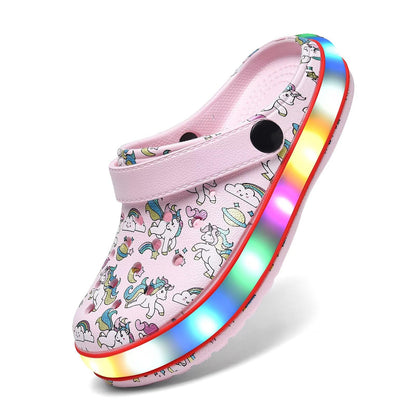 XPKWS Toddler Kids Clogs Boys Girls LED Garden Shoes Light up Sandals Slip on Quick Dry Beach Slippers (DJS-Pink