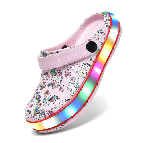 XPKWS Toddler Kids Clogs Boys Girls LED Garden Shoes Light up Sandals Slip on Quick Dry Beach Slippers (DJS-Pink