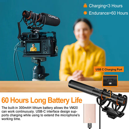 COMICA VM20 Shotgun Microphone, Super-Cardioid Camera Microphone with Rycote Shockmount, Windscreen, Wind Muff, OLED Power Display, Video Mic for Smartphones, DSLR Cameras, Camcorders, Laptops