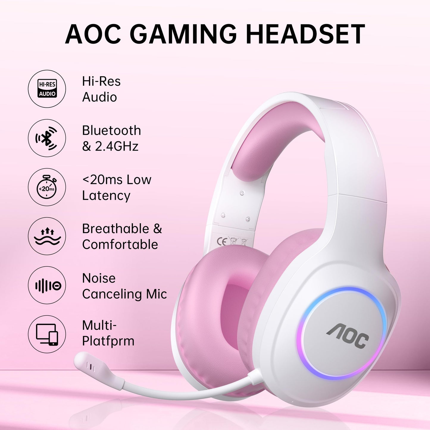 AOC Auriculares Inalámbricos para Juegos (Rosa)