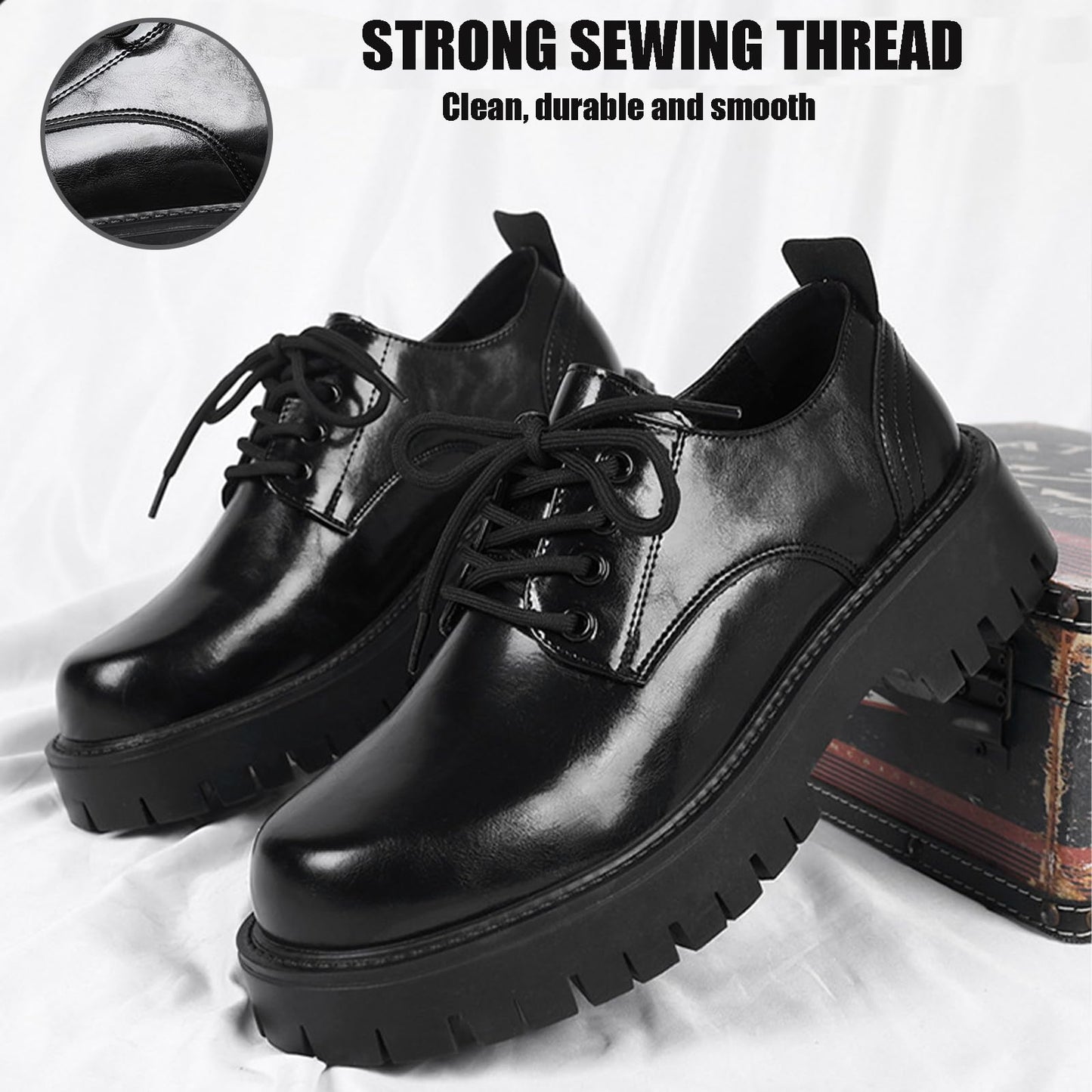 Men's Leather Lace Up Platform Oxfords Round Toe Chunky Heel Lug Sole Heightening Soft Bottom Derby Casual Shoes Classic Work Office Business Dress Shoes (Black