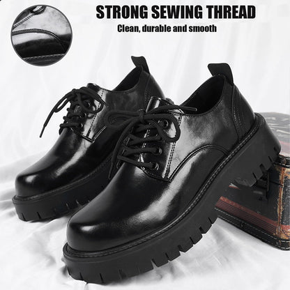 Men's Leather Lace Up Platform Oxfords Round Toe Chunky Heel Lug Sole Heightening Soft Bottom Derby Casual Shoes Classic Work Office Business Dress Shoes (Black
