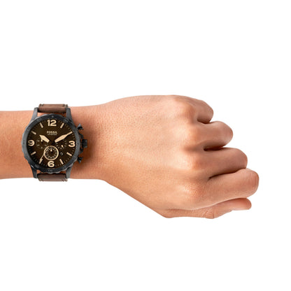 Fossil Men's Nate Quartz Watch, Stainless Steel and Leather Chronograph Watch for Men, Color: Black, Dark Brown