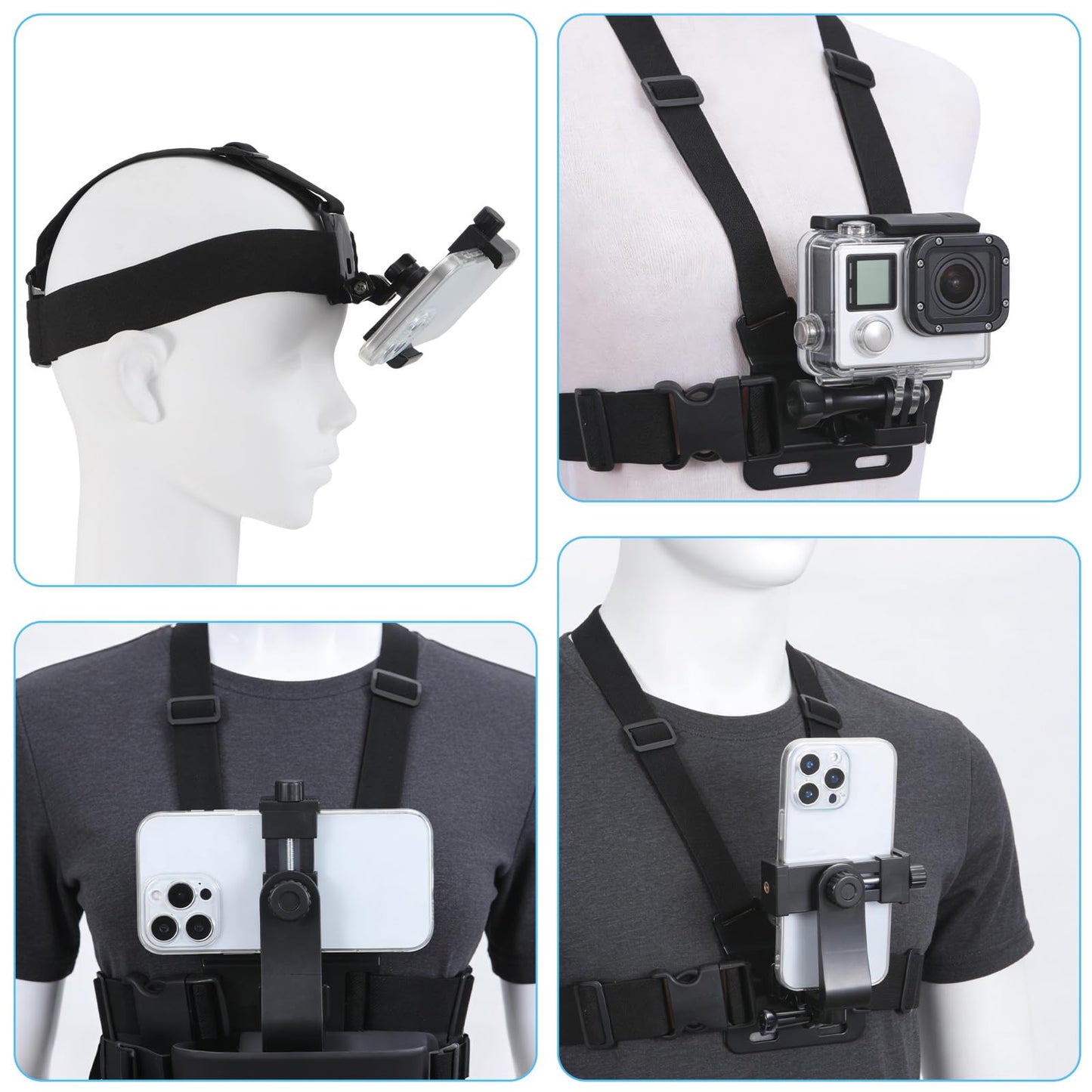 KINGKI Mobile Phone Chest Strap Harness Mount Head Strap Holder Kit for POV/VLOG,Cell Phone Clip Compatible with iPhone,Samsung,GoPro Hero 12, 11,10, 9, 8, AKASO,DJI Osmo,and Action Cameras…