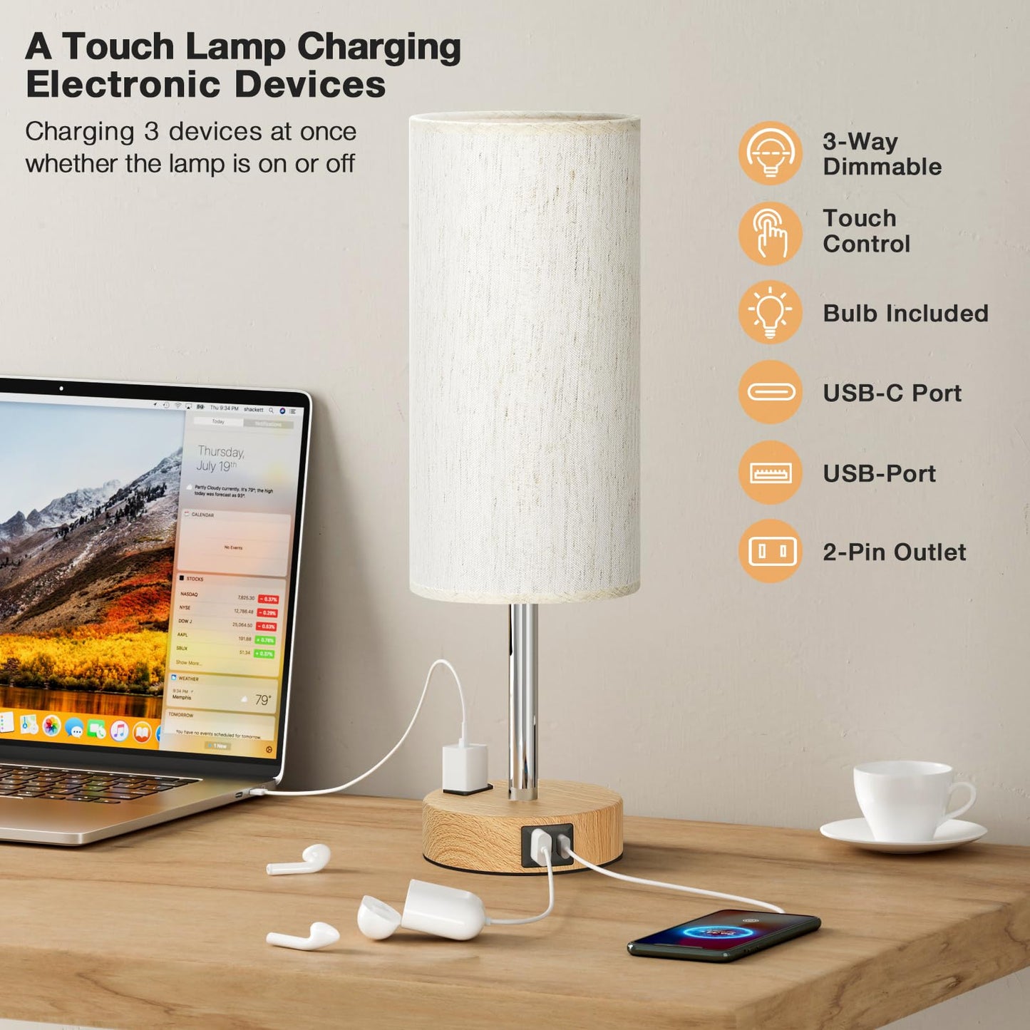 Fenmzee Lámpara de Mesa de Noche (USB C / Salida CA)