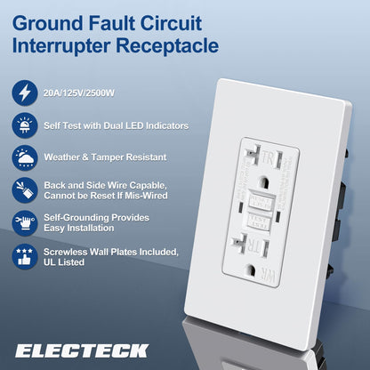 ELECTECK Tomacorrientes GFCI de 20 Amperios (Paquete de 10 / Blanco)