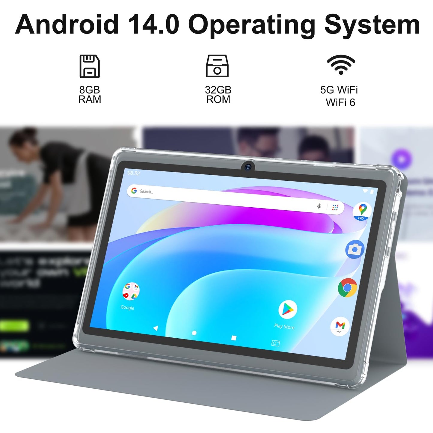 Tablet with Case 7 inch Tablet Android 14, 8GB RAM (5GB Expandable) 32GB ROM 7" Tabletas Supports 1TB MicroSD, Long Battery Dual Camera Tableta 5G WiFi-6 Android tablets with Tablets Protective Cover