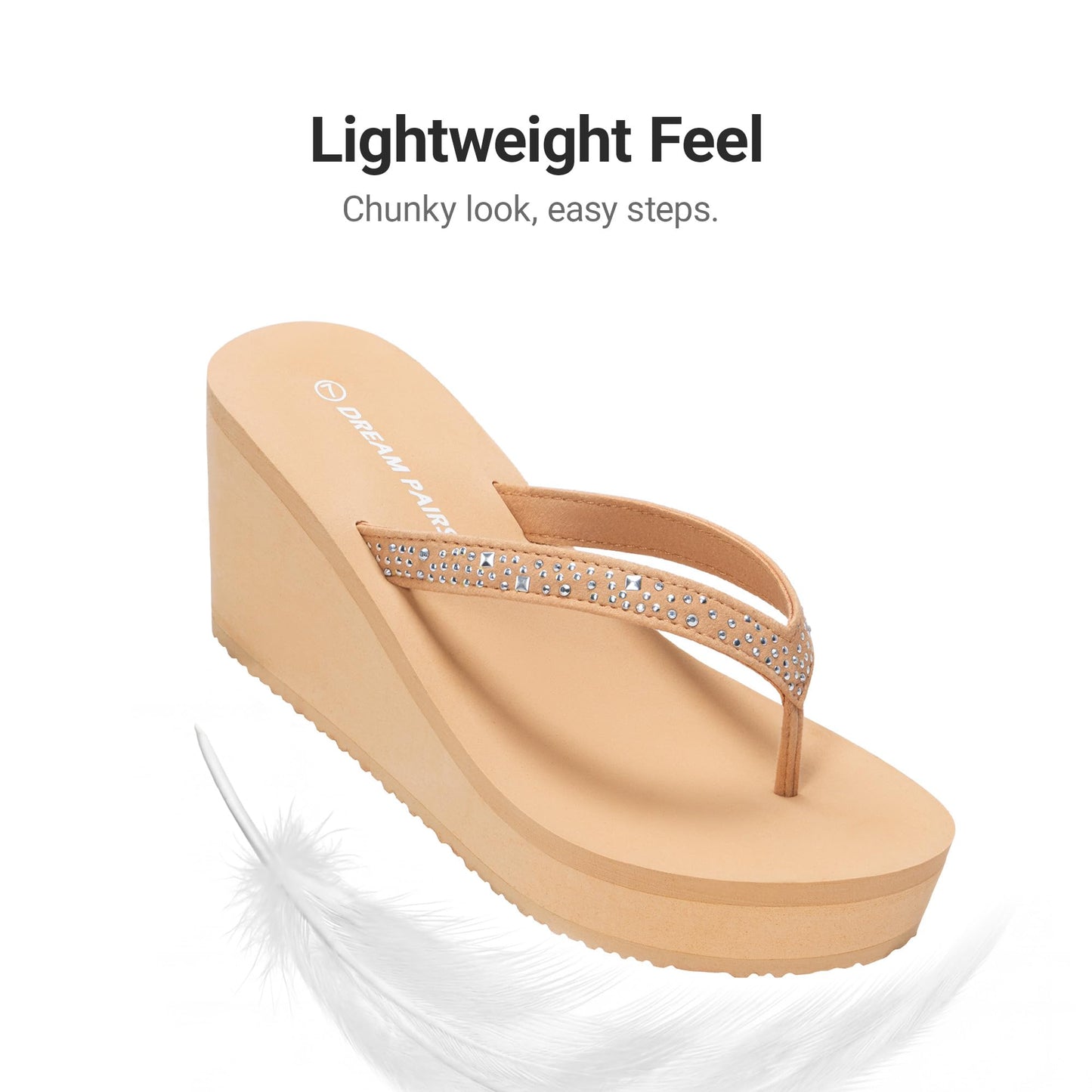 DREAM PAIRS Women's Platform Flip Flop Rhinestones Arch Support Comfortable Soft Cushion Wedge Flip Flops Summer Thong Sandals, Nude, SDFF2222W