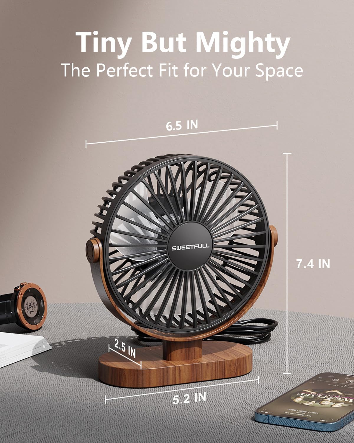 SWEETFULL Pequeño Ventilador de Escritorio USB (Madera Negra)