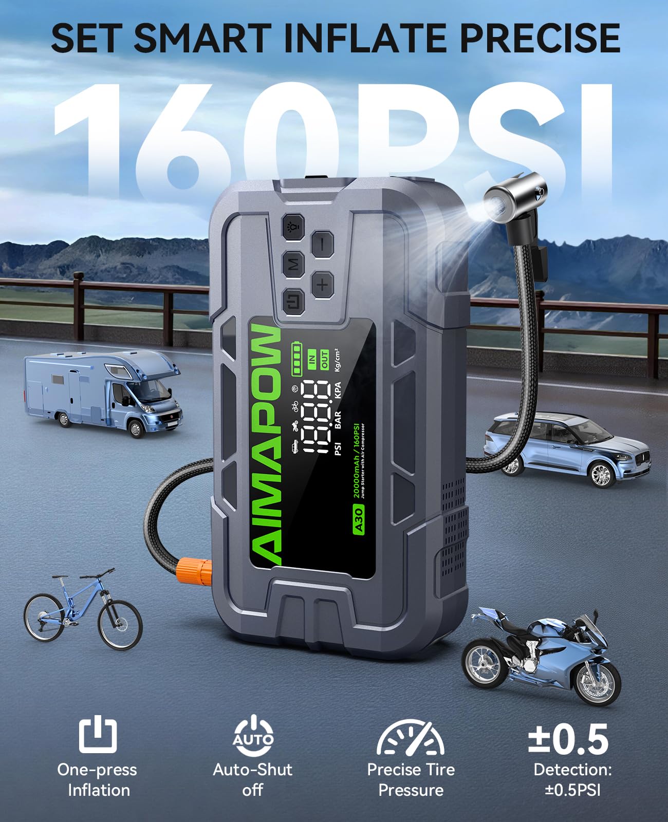 Arrancador de Batería Portátil con Compresor 8000A / 160PSI