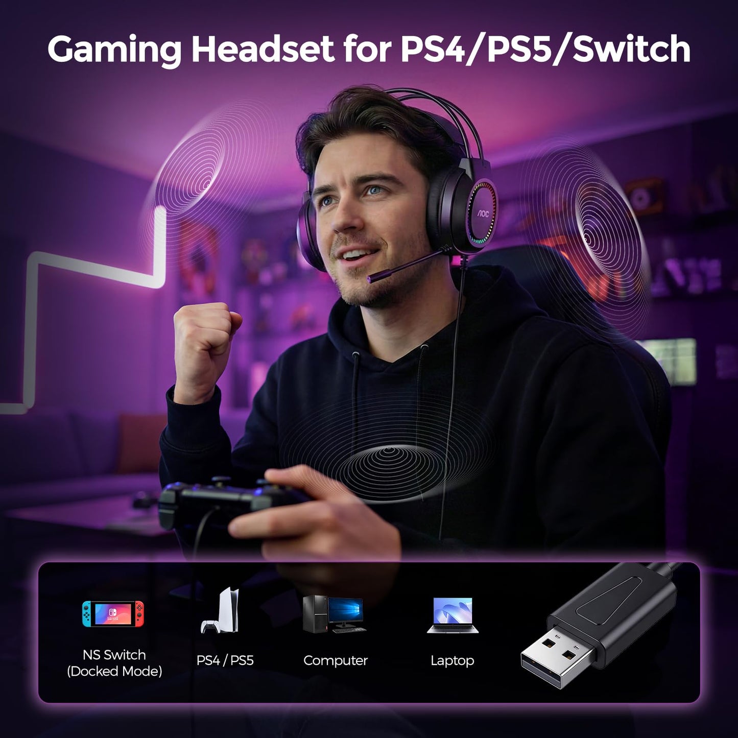AOC Wired Gaming Headset with Mic, USB Gaming Headphone with Stereo Sound for PC/Laptop/PS4/PS5, 50mm Drivers RGB Corded Headphones for Game/Work/Music, ACG2500