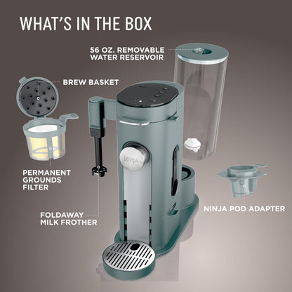 Ninja Pods & Grounds Specialty Single-Serve Coffee Maker, K-Cup Pod Compatible, Built-In Milk Frother, 6-oz. Cup to 24-oz. Travel Mug Sizes, Iced Coffee Maker, 1550 watts, Sage Green, PB051SG