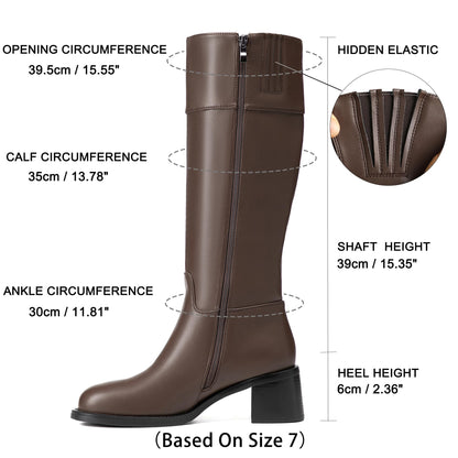 Reitoye Knee High Brown Boots Women Round Toe Chunky Block Heeled Boots Side Zipper Tall Gogo Boots Shoes