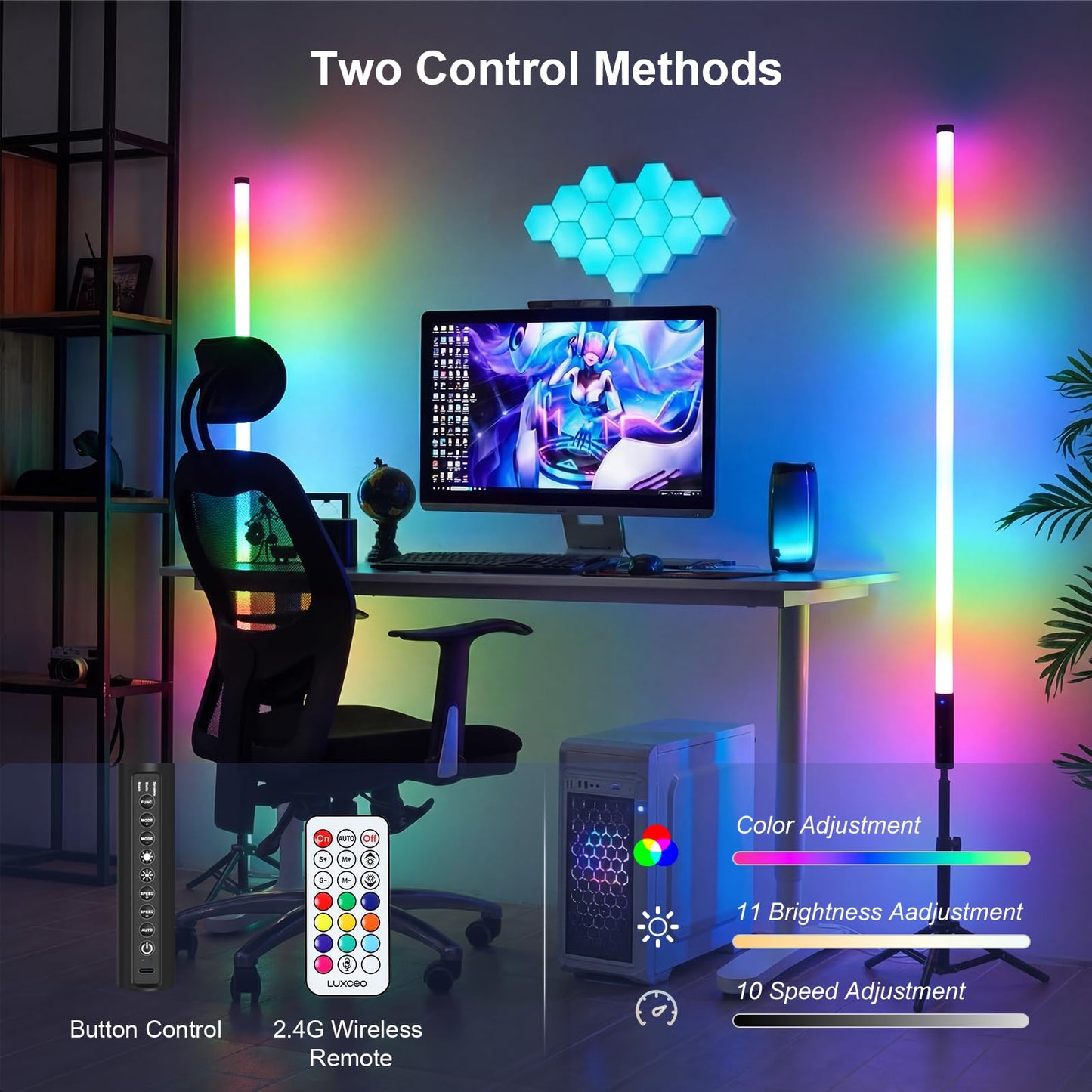 2 Pack 4ft RGB Tube Light with Stand, 5000mAh Battery Light Tube, 500 Lighting Modes, 2.4G Remote, Dimmable Neon LED Video Light Bar for Photography Studio DJ Party Wedding Stage Lighting
