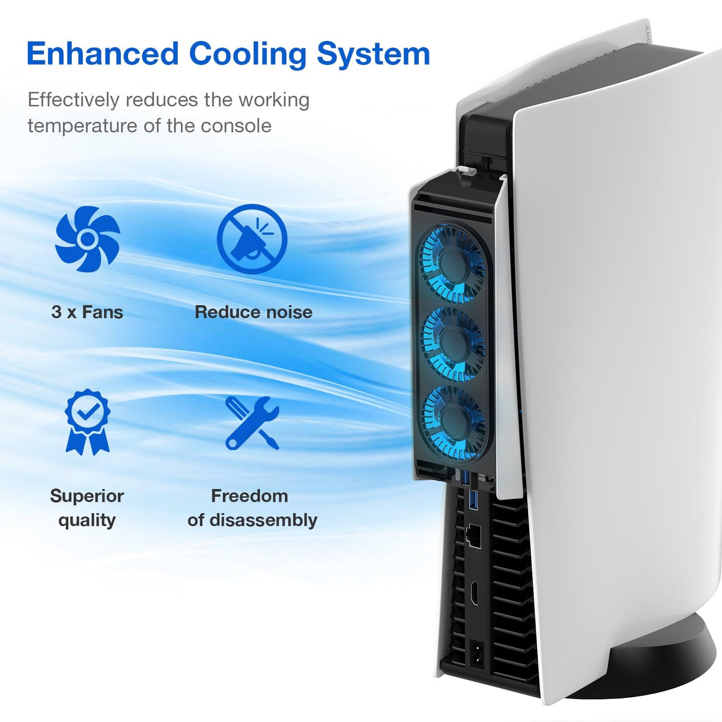 MEQI PS5 Cooling Fan, MEQI PS5 Accessories Upgraded Quiet Cooler Fan with LED Light & USB 3.0 Hubs, Efficient Cooling Station for PlayStation 5 Disc/Digital Edition