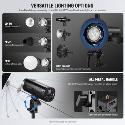 NEEWER Q200 200Ws 2.4G TTL Outdoor Studio Flash Strobe App Control, Compatible with Godox, 1/8000 HSS 3200mAh Battery Photography Monolight 10W Modeling Lamp/750 Full Power Flash/0.01~1.5s Recycle
