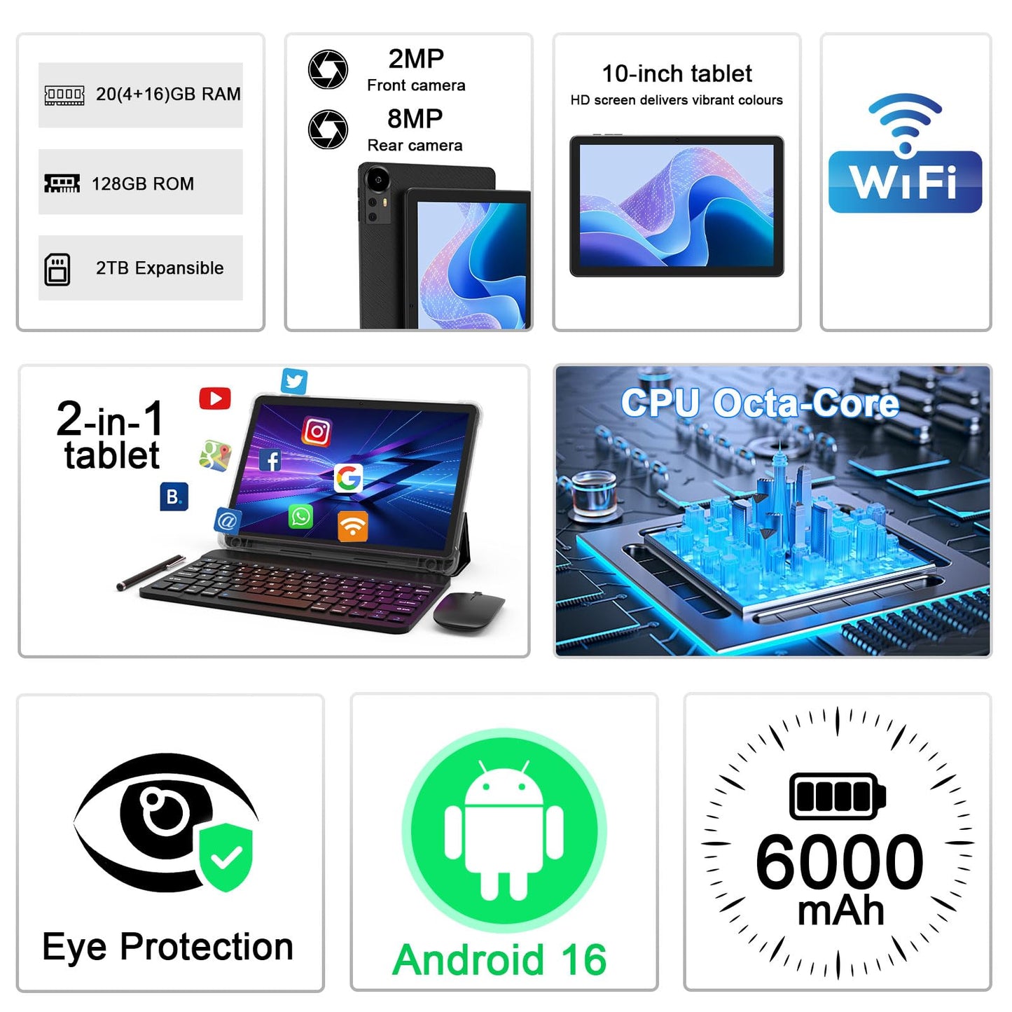 CUPEISI Android 16 Tablet 10 Inch, 20GB RAM+128GB ROM/2TB Expandable, 2.0GHz Octa-core Processor, 1280*800 HD Screen, 5G WiFi6 BT 5.0, 2 in 1 Tablets with Keyboard Case Mouse Stylus, Widevine L1 Black