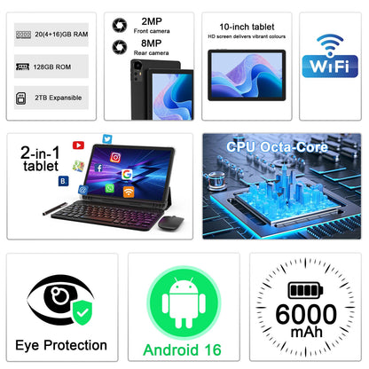 CUPEISI Android 16 Tablet 10 Inch, 20GB RAM+128GB ROM/2TB Expandable, 2.0GHz Octa-core Processor, 1280*800 HD Screen, 5G WiFi6 BT 5.0, 2 in 1 Tablets with Keyboard Case Mouse Stylus, Widevine L1 Black