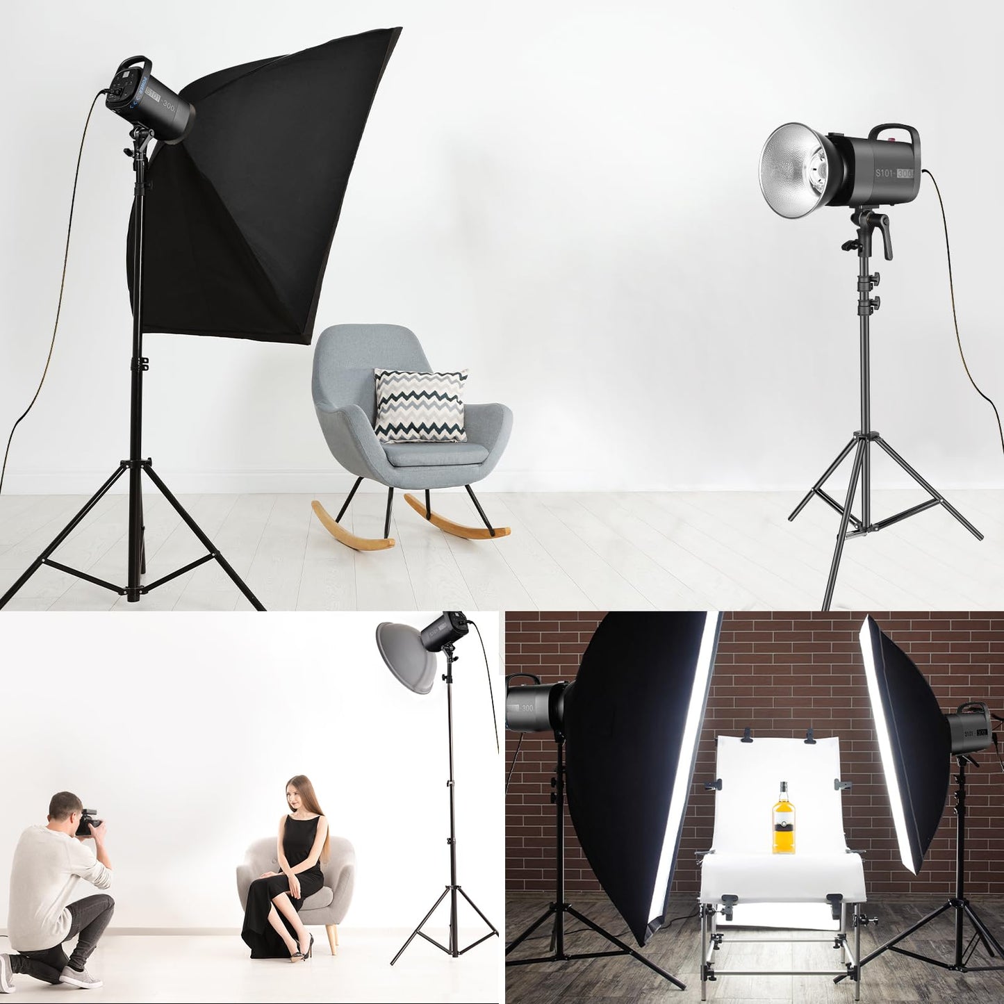NEEWER 600Ws Studio Monolight Flash Light Kit: 2 Pack S101-300W 5600K Strobe Lights with 150W Modeling Lamps/Bowens Mount/Softboxes/Stands, Reflector/RT-16 Trigger/Bag for Photography Portrait Product