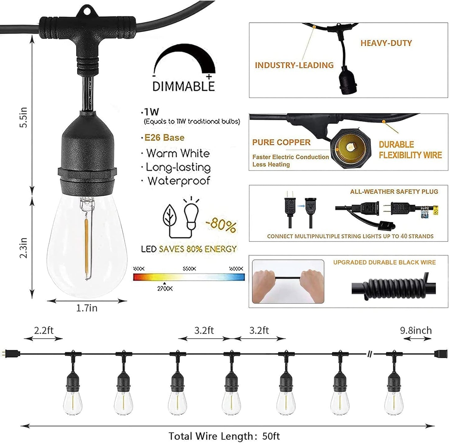 Svater Tira de Luces LED para Exterior (105FT / Blanco Cálido)