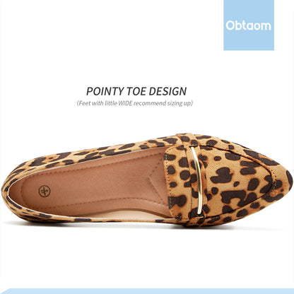 Obtaom Women's Pointy Toe Loafer Flat Comfortable Faux Suede Work Shoes, Cute Penny Loafer Slip On Ballet Flat(Leopard Print, US9)