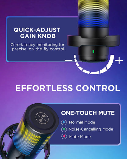InnoGear Gaming USB Microphone, Noise Cancellation Condenser Mic with Mute, Gain, RGB Indicator, Boom Arm Stand for Streaming, Podcast, Twitch, YouTube, Discord, PC, Computer, PS4, PS5, Mac, Black