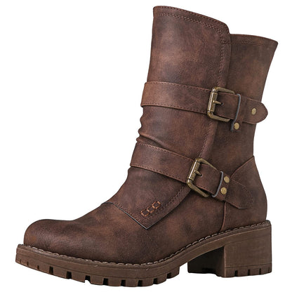 GLOBALWIN Lace up Mid Calf Motorcycle Fashion Festival Boots Combat Riding Military Boots for Women Brown