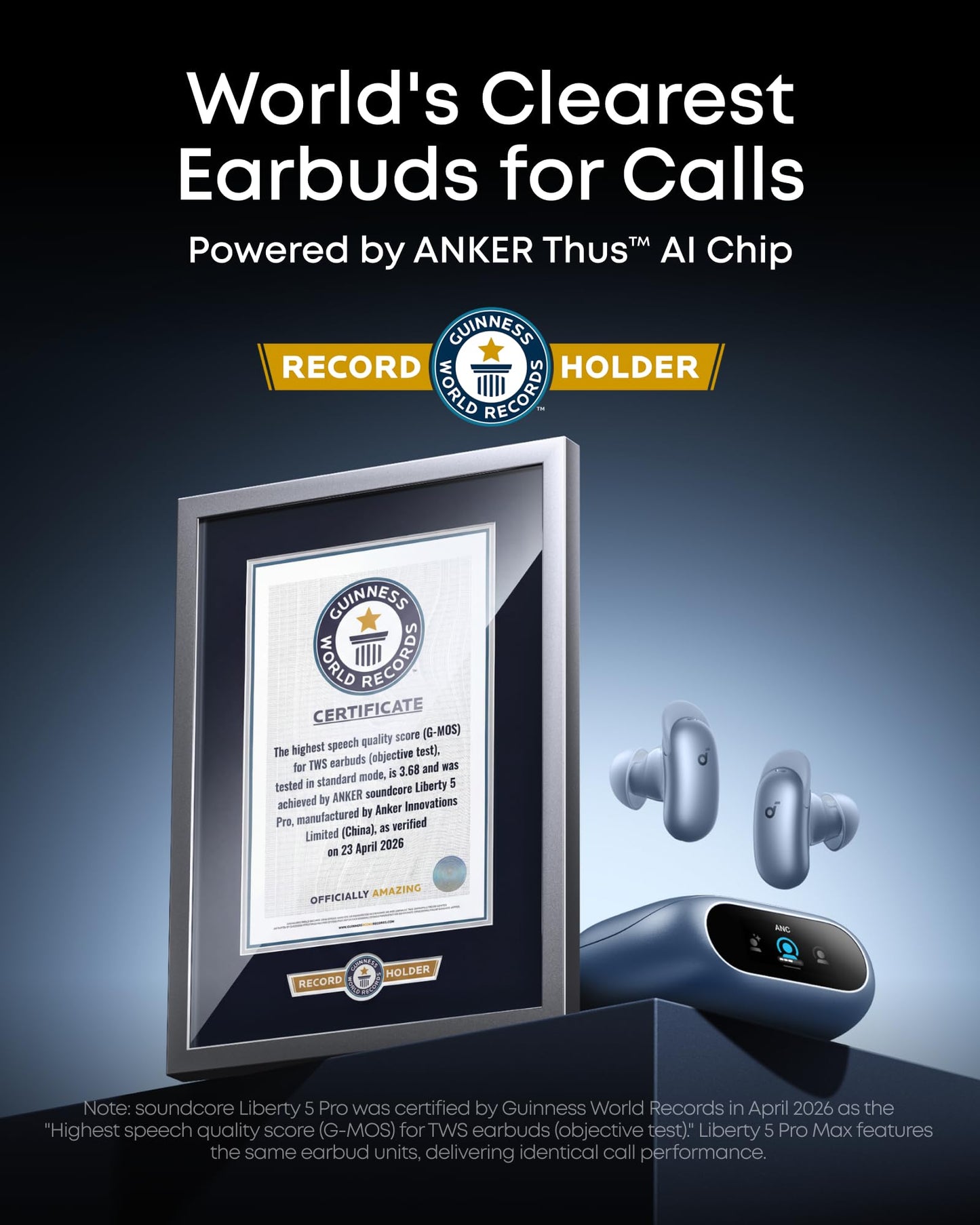 Soundcore Liberty 5 Pro,Guinness World Records-Certified Call Quality,Anker Thus™ AI Chip,Active Noise Cancelling Wireless Earbuds,Crystal-Clear Calls for Commute,Noisy Environments